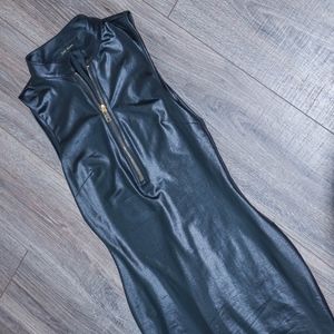 Black Faux Leather Zipper Front Sleeveless Dress